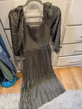 Smocked Waist Maxi Dress in Olive with Puff Sleeves